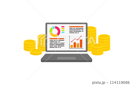 積み上げたコインとパソコン 114119086