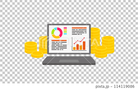 積み上げたコインとパソコン 114119086