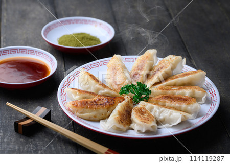 焼き餃子(黒背景)タレと抹茶塩 焼き餃子(黒背景)タレと抹茶塩 114119287