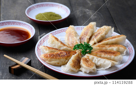焼き餃子(黒背景)タレと抹茶塩 焼き餃子(黒背景)タレと抹茶塩 114119288