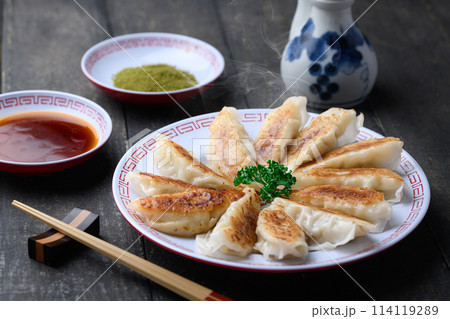 焼き餃子(黒背景)タレと抹茶塩 焼き餃子(黒背景)タレと抹茶塩 114119289