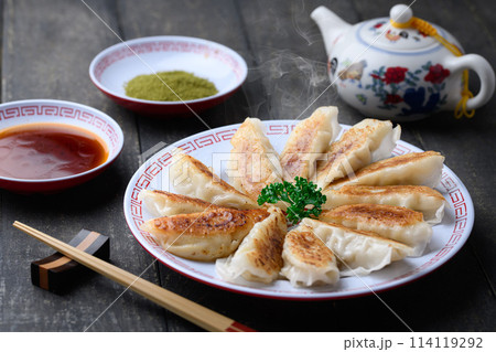 焼き餃子(黒背景)タレと抹茶塩 焼き餃子(黒背景)タレと抹茶塩 114119292