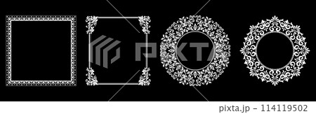 Set of decorative frames Elegant vector element for design in Eastern style, place for text. Floral black and white borders. Lace illustration for invitations and greeting cards. Set of decorative frames Elegant vector element for design in Eastern style, place for text. Floral black and white borders. Lace illustration for invitations and greeting cards. 114119502