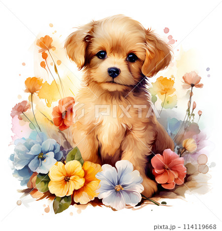花に囲まれたトイプードルのイラスト素材 [114119668] - PIXTA
