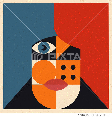 Abstract trendy contemporary woman face in modern vector art design. Feminine abstraction poster in colorful palette. Creative geometric female pattern in cubism style. Vector Illustration. 114120180