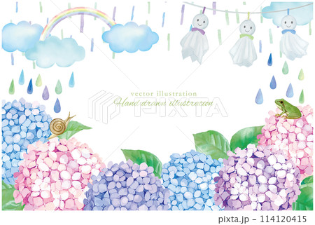 水彩手書きの梅雨の雨と紫陽花のシンプルなフレームのイラスト素材 114120415