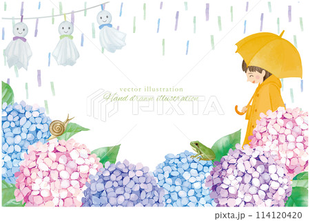 水彩手書きの梅雨の雨と傘をさす女の子の梅雨のフレーム 114120420