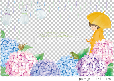 雨季框架與水彩手繪雨季雨和一個女孩打著傘 114120420