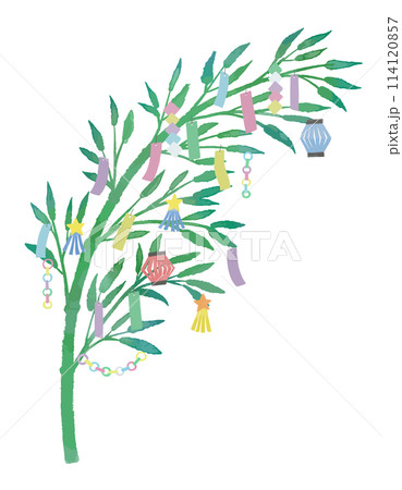 笹と七夕飾りの手書き水彩画風イラスト 笹と七夕飾りの手書き水彩画風イラスト 114120857