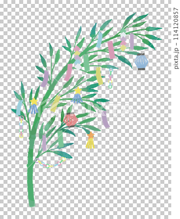 笹と七夕飾りの手書き水彩画風イラスト 笹と七夕飾りの手書き水彩画風イラスト 114120857