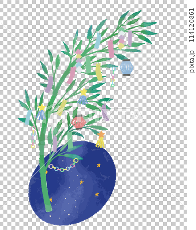 笹と七夕飾りの手書き水彩画風イラスト 114120861