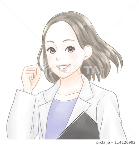 笑顔でガッツポーズをする白衣の女性　水彩風 114120902