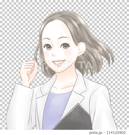 A woman in a white coat smiling and doing a fist pump, watercolor style 114120902