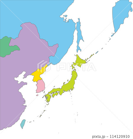 日本と周辺国の色分けされた地図、カラフルで明るい 114120910