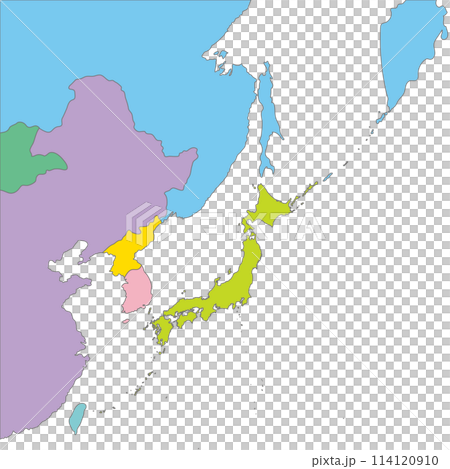日本と周辺国の色分けされた地図、カラフルで明るい 114120910