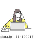 テレワークで電話しながらメモを取る女性のイラスト　ベクター、白バック、白背景、背景なし 114120915