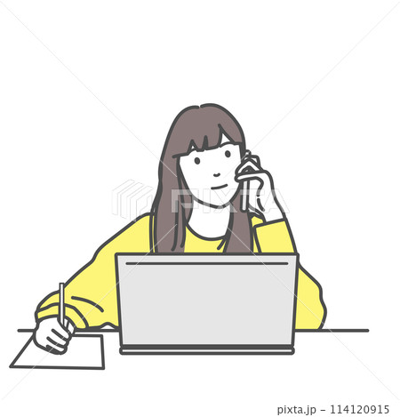 テレワークで電話しながらメモを取る女性のイラスト ベクター、白バック、白背景、背景なし テレワークで電話しながらメモを取る女性のイラスト ベクター、白バック、白背景、背景なし 114120915