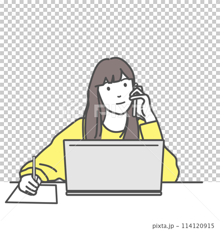 Illustration of a woman taking notes while teleworking on the phone, vector, white background, white background, no background Illustration of a woman taking notes while teleworking on the phone, vector, white background, white background, no background 114120915
