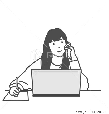 話しながらテレワークをする女性のシンプルなイラスト　モノクロ、白黒、白バック、白背景、背景なし 114120929