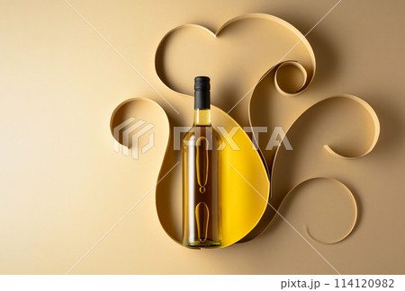 Bottle of white wine on a beige background. 114120982