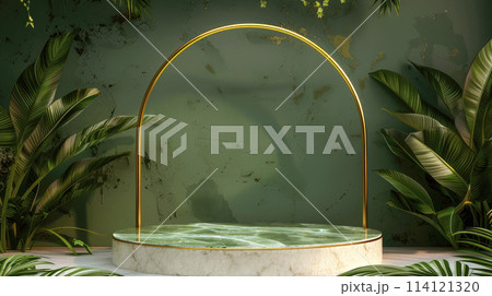 Oval podium display with golden lines and tropical plants against green wall. 114121320