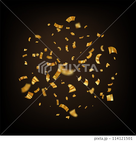 Golden confetti. Explosion of gold ribbon particles. Festive falling glitter. Golden confetti. Explosion of gold ribbon particles. Festive falling glitter. 114121501
