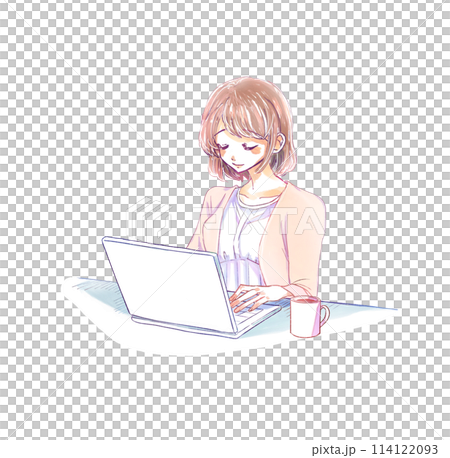 Woman operating a laptop, drink Woman operating a laptop, drink 114122093