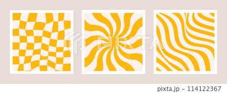 Abstract groovy backgrounds set. Hippie backdrops. Y2k aesthetic. Twisted design in yellow colors. Retro psychedelic vector illustration. Checkered, waves, swirl patterns 114122367