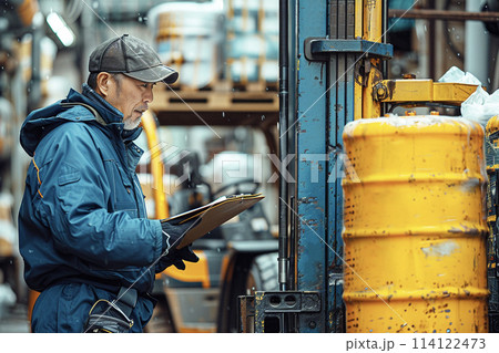 AI生成画像 フォークリフトの前で点検する作業員 AI生成画像 フォークリフトの前で点検する作業員 114122473