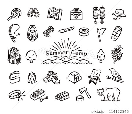 キャンプ関連のアイコンセット キャンプ関連のアイコンセット 114122546