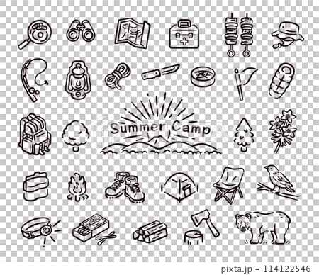 キャンプ関連のアイコンセット キャンプ関連のアイコンセット 114122546
