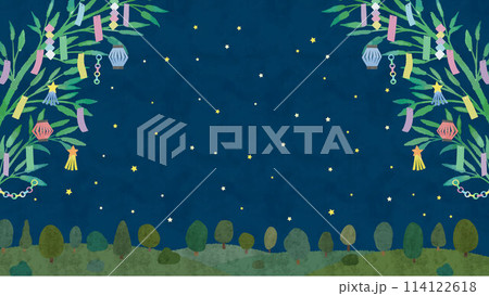 七夕の水彩画風イラスト背景　星空と笹と七夕飾りの風景 114122618