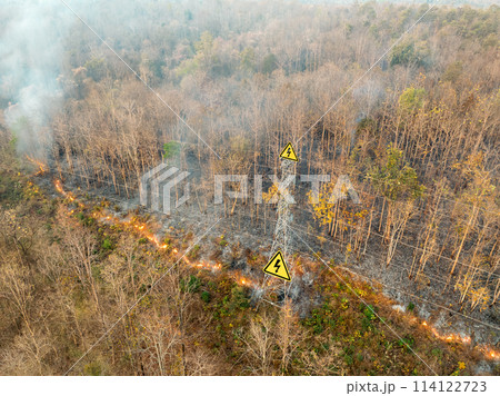 Bushfire is burning near power transmission tower line. Bushfire is burning near power transmission tower line. 114122723