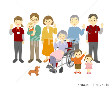 皆で手を振る三世代家族　車椅子のおばあちゃんと息子家族と孫と小型犬、訪問看護のスタッフと一緒に 114123010