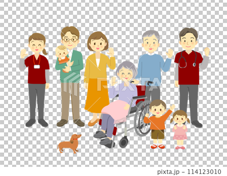 皆で手を振る三世代家族　車椅子のおばあちゃんと息子家族と孫と小型犬、訪問看護のスタッフと一緒に 114123010