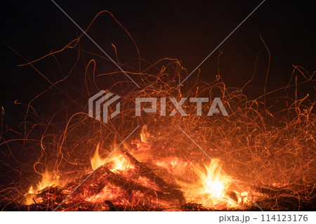 Flying sparks from a campfire 114123176