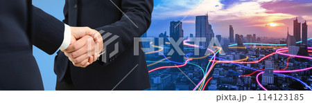 Double exposure of handshake between businessman with speed line glowing light trail surrounds the Smart city - Business success agreement, Immovable property concept. panoramic banner Double exposure of handshake between businessman with speed line glowing light trail surrounds the Smart city - Business success agreement, Immovable property concept. panoramic banner 114123185