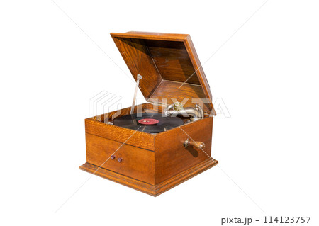 vintage gramophone with vinyl disc isolated on white background 114123757