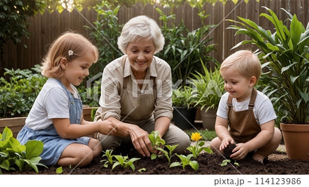 AI Generated Grandmother and Grandchildren Enjoying Gardening on a Sunny Day AI Generated Grandmother and Grandchildren Enjoying Gardening on a Sunny Day 114123986