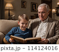 AI Generated Grandfather Reading to Grandson on Couch for World Grandparents Day 114124016