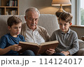AI Generated Image of Grandfather and Two Grandsons Reading on Couch for World Grandparents Day 114124017