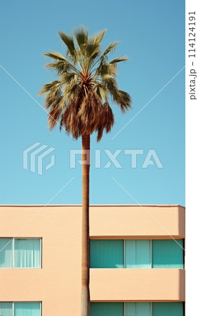 Palm tree leaves against turquoise blue sky and white wall. Colorful minimalism. Palm tree leaves against turquoise blue sky and white wall. Colorful minimalism. 114124191