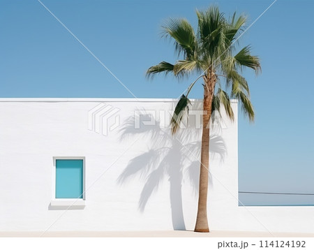 Palm tree leaves against turquoise blue sky and white wall. Colorful minimalism. Palm tree leaves against turquoise blue sky and white wall. Colorful minimalism. 114124192