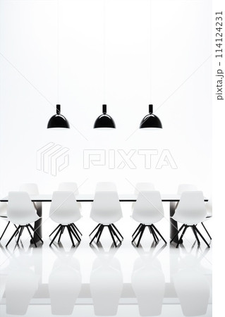 Office table with chairs and laptop in an interior design setting Office table with chairs and laptop in an interior design setting 114124231