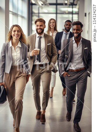 A group of business people are walking down a hallway 114124257