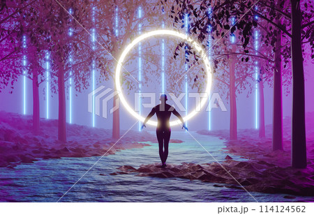 3D rendering of person with neon halo near river in forest. Sci fi scene 114124562