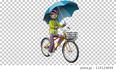 小学生の自転車危険運転のイラスト／傘さし運転【透過】 114124649