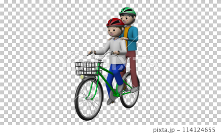 小学生の自転車危険運転のイラスト／二人乗り【透過】 114124655