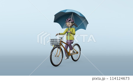 小学生の自転車危険運転のイラスト／傘さし運転【背景グラデ有】 114124673
