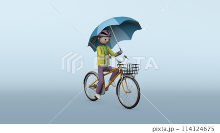 小学生の自転車危険運転のイラスト/傘さし運転【背景グラデ有】 小学生の自転車危険運転のイラスト/傘さし運転【背景グラデ有】 114124675